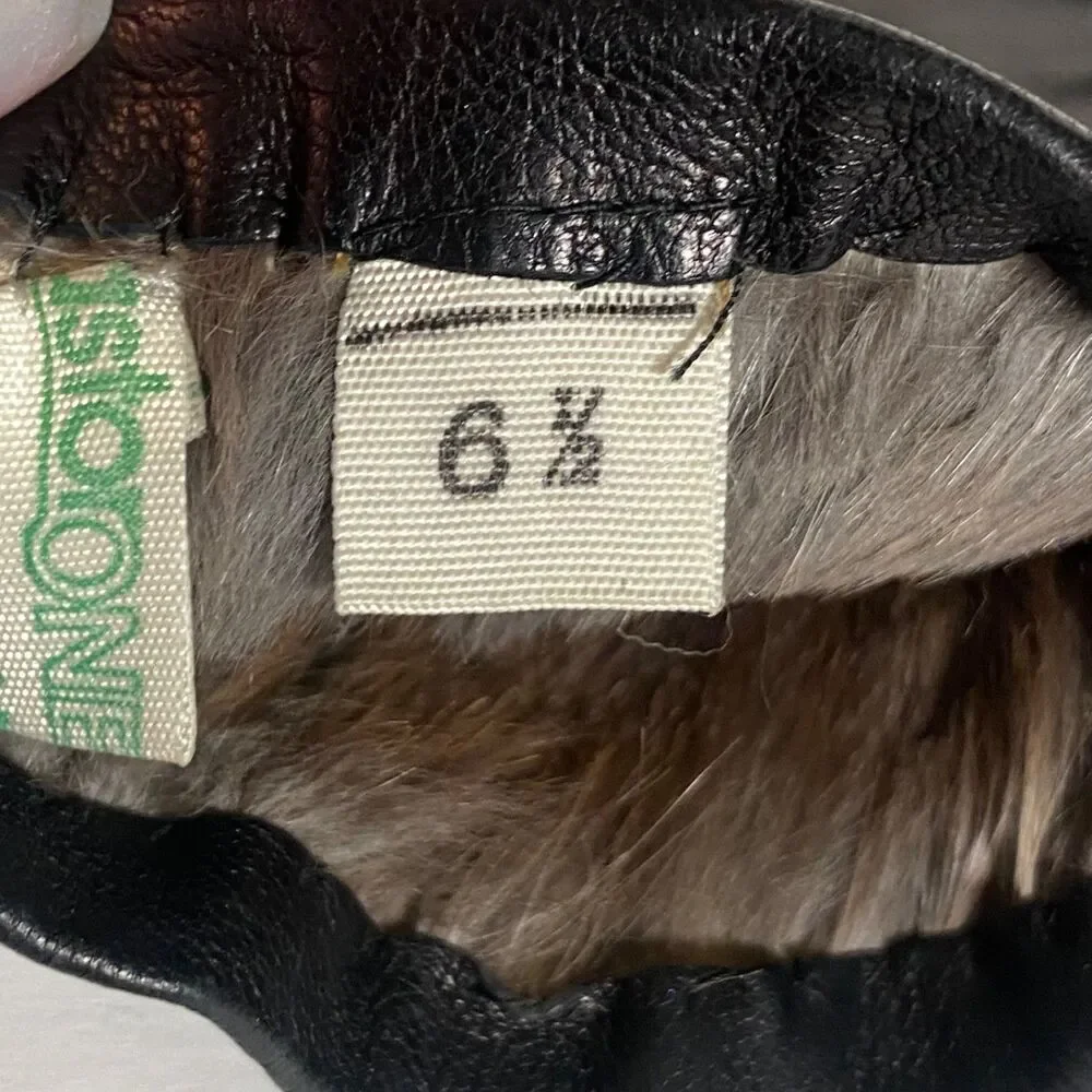 Astor One Italy Black Leather Gloves Rabbit Fur Lined Size 6.5